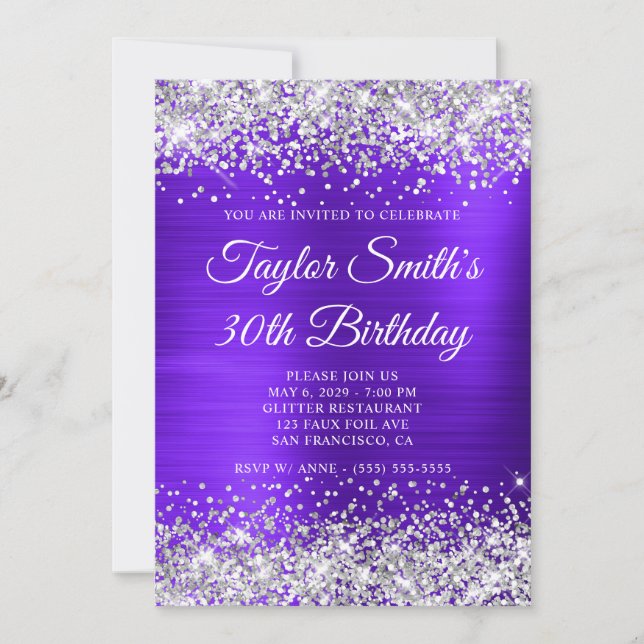 Silver Glitter Violett Monogram 30-årsdag Inbjudningar (Framsida)