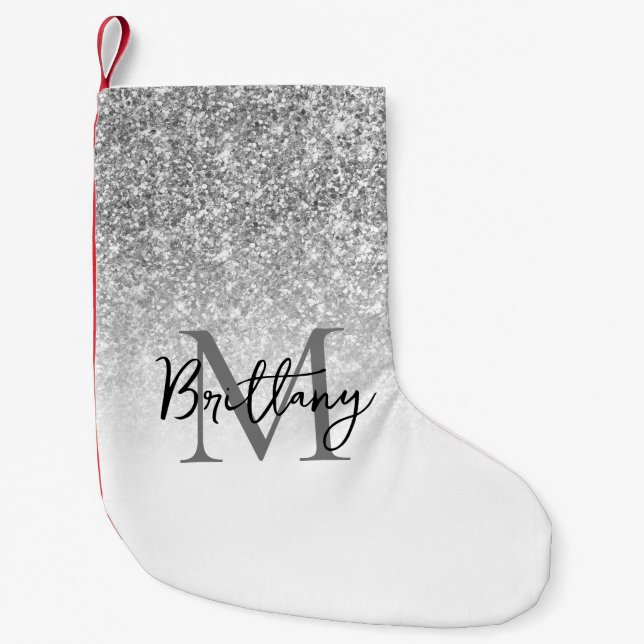Silver Glitter Vit Ombre Monogram Liten Julstrumpa (Framsidan)