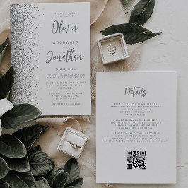Silver Glitter Vit Script QR-kod Bröllop Inbjudningar