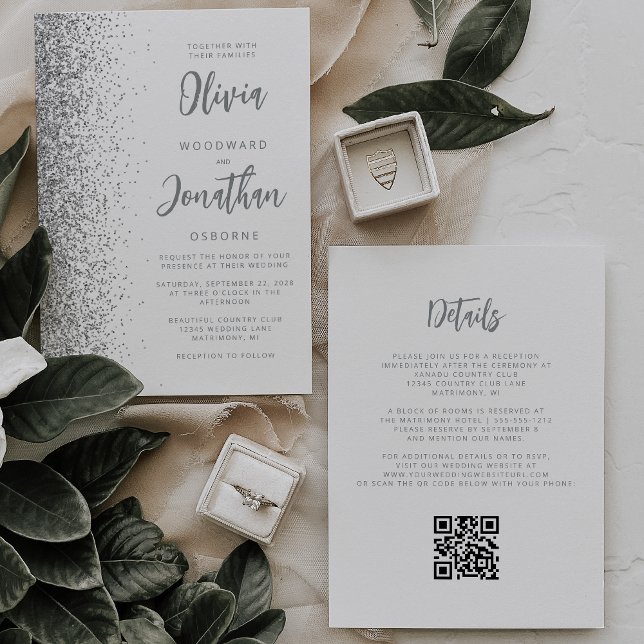 Silver Glitter Vit Script QR-kod Bröllop Inbjudningar (Skapare uppladdad)