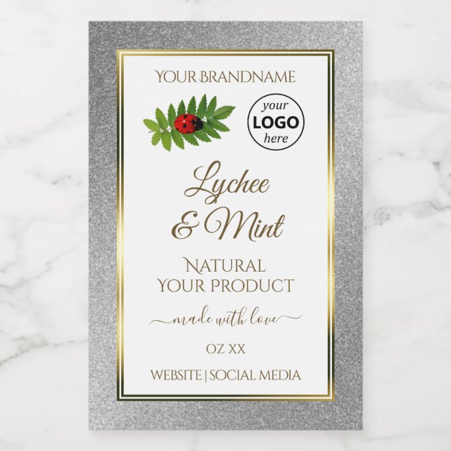 Silver Glitter White Product Labels Ladybug Logoty Mat Etikett (Singel etikett)