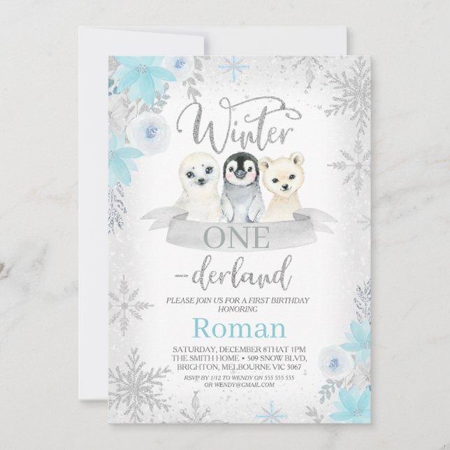Silver Glitter Winter Animals Onederland Födelseda Inbjudningar (Framsida)