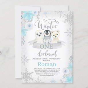 Silver Glitter Winter Animals Onederland Födelseda Inbjudningar