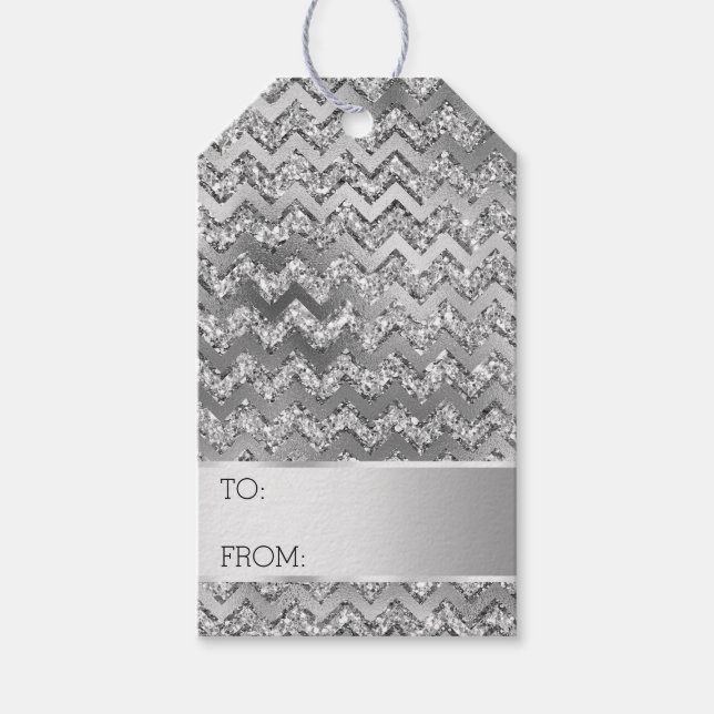 Silver Glitter Zigzag Rand jul Presentetikett (Framsidan)