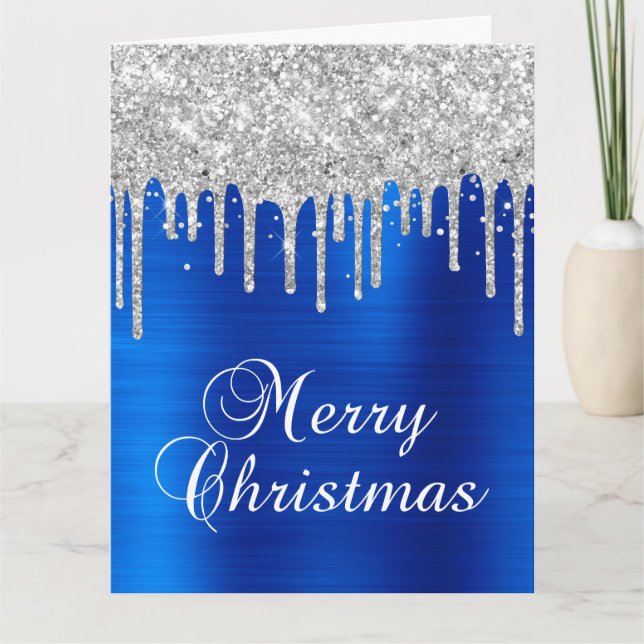 Silver Glitterdroppar Blå Metallisk God Jul Kort (Framsida)