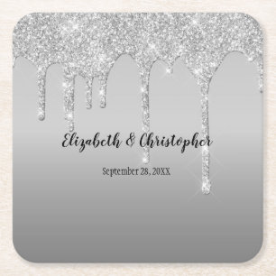 Silver Glitterdroppar Glam Elegant Bröllop Underlägg Papper Kvadrat