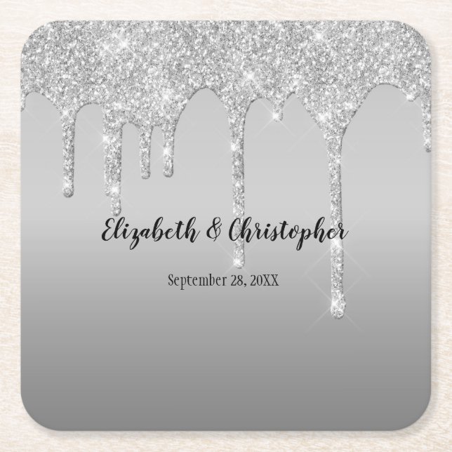 Silver Glitterdroppar Glam Elegant Bröllop  Underlägg Papper Kvadrat (Framsidan)