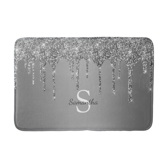 Silver Glitterdroppar Gnistrar Monogramnamn Badrumsmatta (Framsidan)