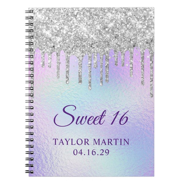 Silver Glitterdroppar Iridescent Sweet 16 Gäst Anteckningsbok (Framsidan)
