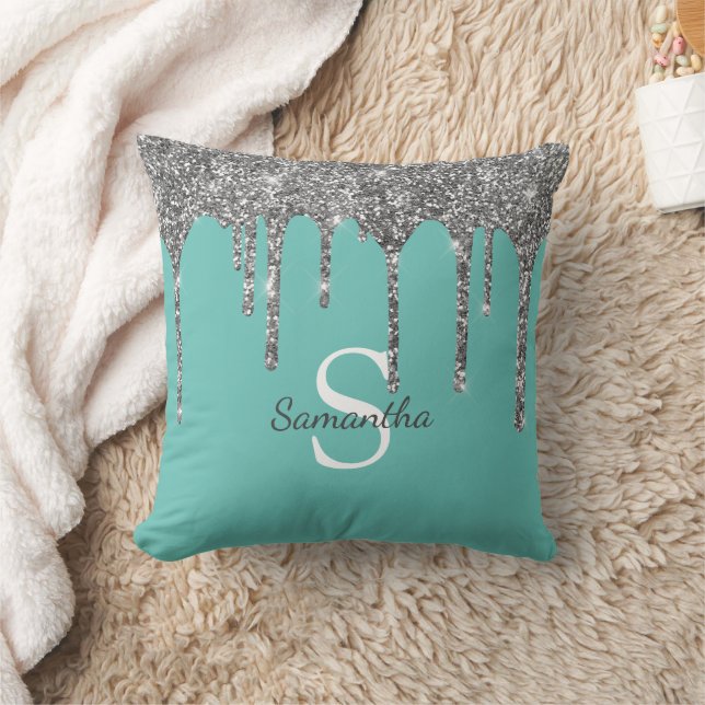 Silver Glitterdroppar Ljust Turkos Monogramnamn Kudde (Filt)