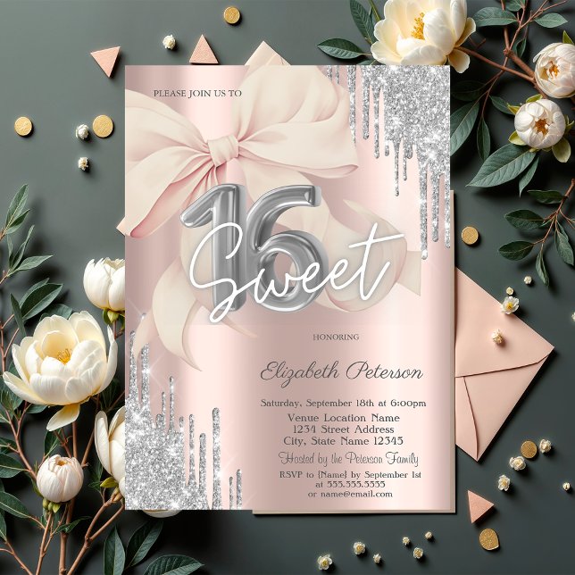 Silver Glitterdroppar Rosa Band Rosguld Sweet 16 Inbjudningar (Skapare uppladdad)