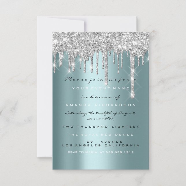 Silver Glitterdroppar Silver Teal Bröllop Sweet 16 Inbjudningar (Framsida)