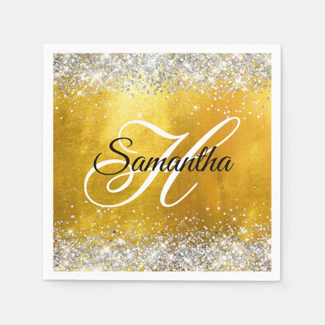Silver Glitterig Guld Folie Snygg Monogram Pappersservett (Framsidan)