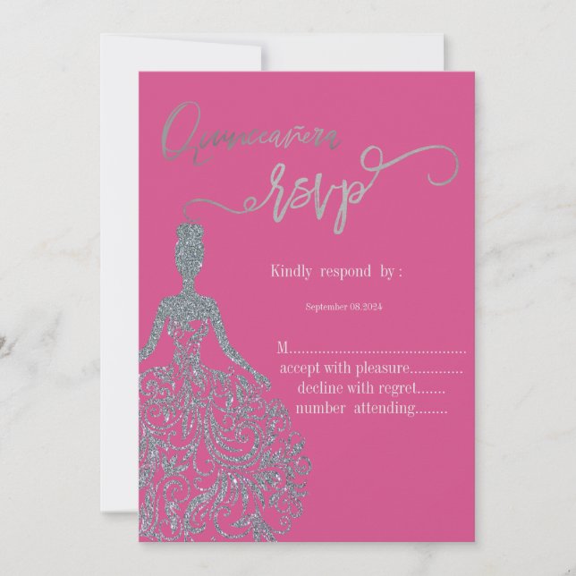 Silver Glitterklänning Fuschia RSVP-inbjudan Inbjudningar (Framsida)