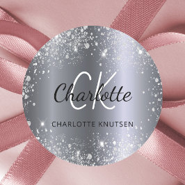 Silver glittermonogram initialer namn runt klistermärke