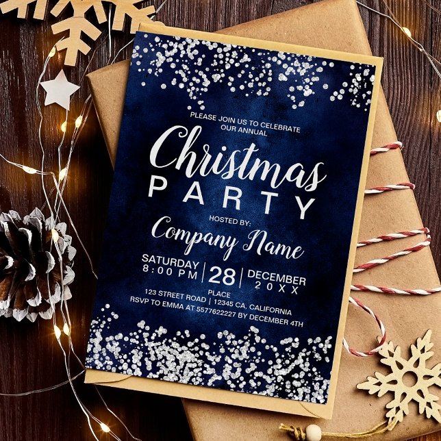 Silver glitternavy Blue jul party Inbjudningar (Silver glitter navy blue corporate Christmas party Invitation)