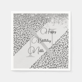 Silver Glittery Feathers Monogram Birthday Pappersservett