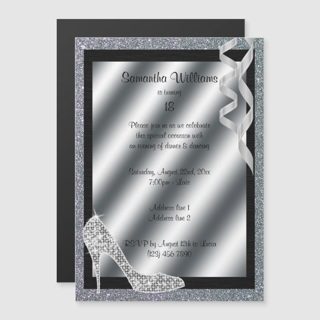 Silver Glittery Stiletto & Streamers 18:e födelsed Magnetisk Inbjudningskort (Fram/baksida)