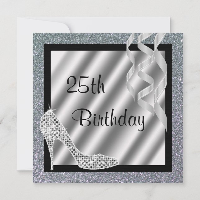 Silver Glittery Stiletto & Streamers 25:e födelsed Inbjudningar (Framsida)