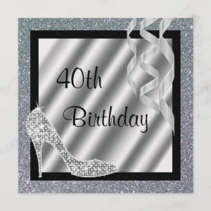 Silver Glittery Stiletto & Streamers 40:e födelsed Inbjudningar