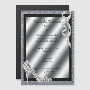 Silver Glittery Stiletto & Streamers 45:e födelsed Magnetisk Inbjudningskort