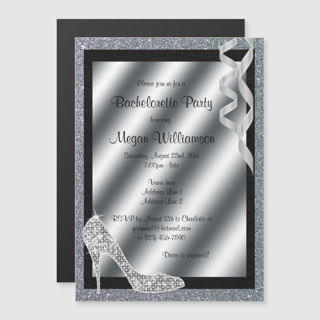 Silver Glittery Stiletto & Streamers Bachelorette Magnetisk Inbjudningskort (Fram/baksida)