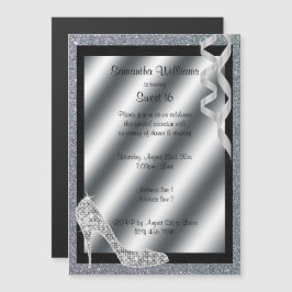 Silver Glittery Stiletto & Streamers Sweet 16 Magnetisk Inbjudningskort