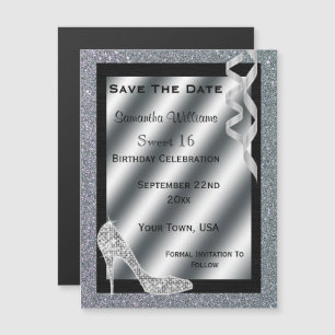 Silver Glittery Stiletto & Streamers Sweet 16 Magnetisk Inbjudningskort