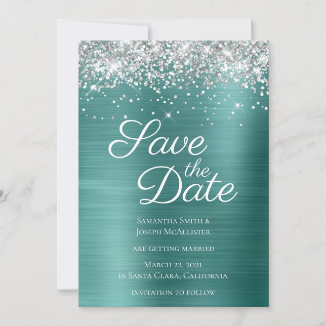 Silver Glittrande Glitter Aqua Teal Ombre Folie Spara Datumet (Framsida)