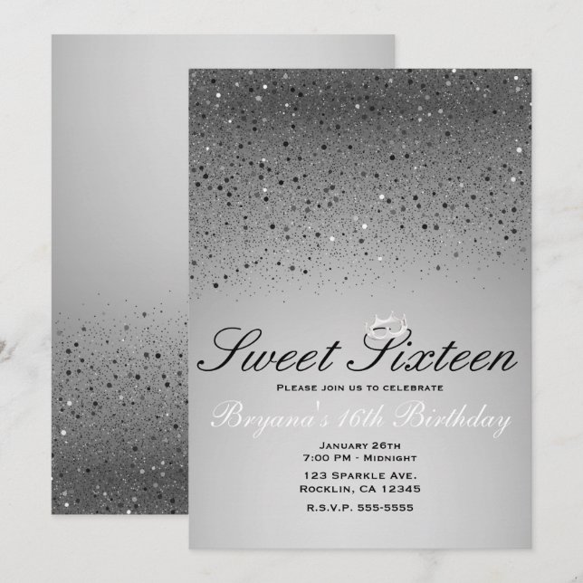 Silver Glittrig Glitter Sweet 16 Kronpartaj Inbjudningar (Fram/baksida)