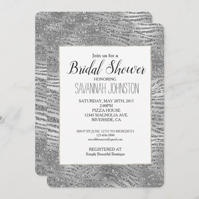 Silver Glitz Zebra tryck Möhippa Inbjudningar (Fram/baksida)