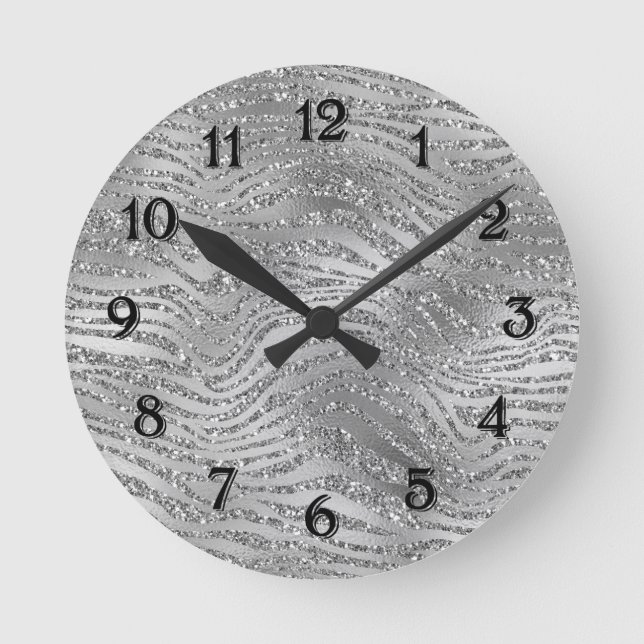 Silver Glitz Zebra tryck Rund Klocka (Framsida)