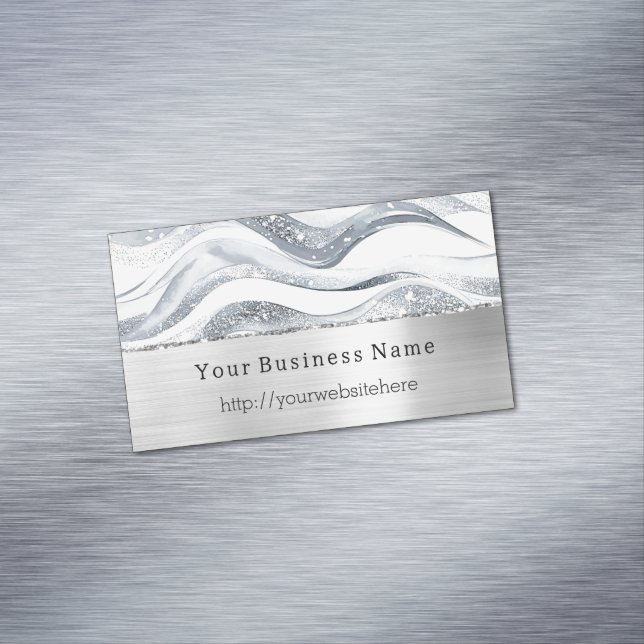 Silver Glitzy Waves Stripes Business name website Magnetiska Visitkort (In Situ)