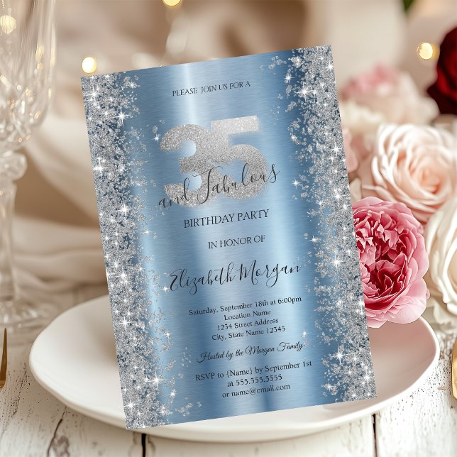 Silver Gnistra Diamonds Blue 35e Birthday Inbjudningar (Skapare uppladdad)