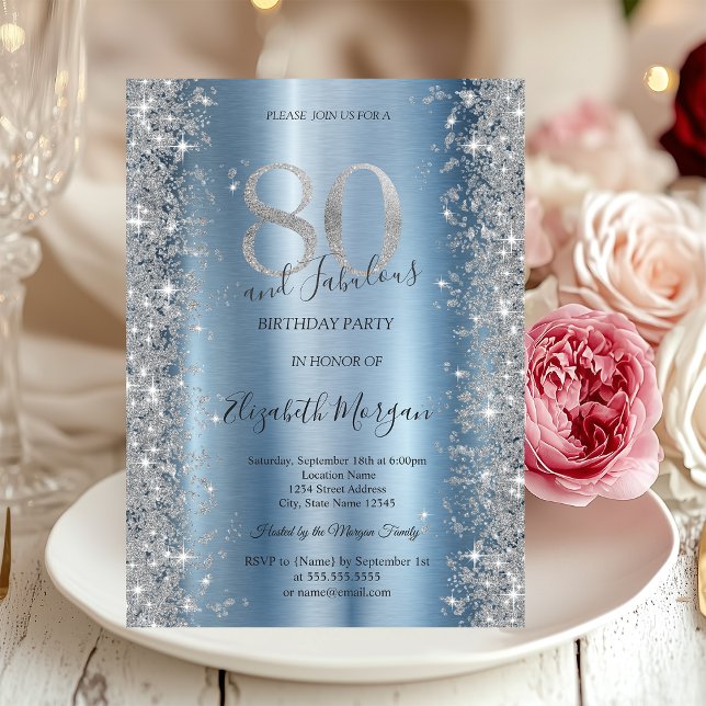 Silver Gnistra Diamonds Blue 80 Birthday Inbjudningar (Skapare uppladdad)
