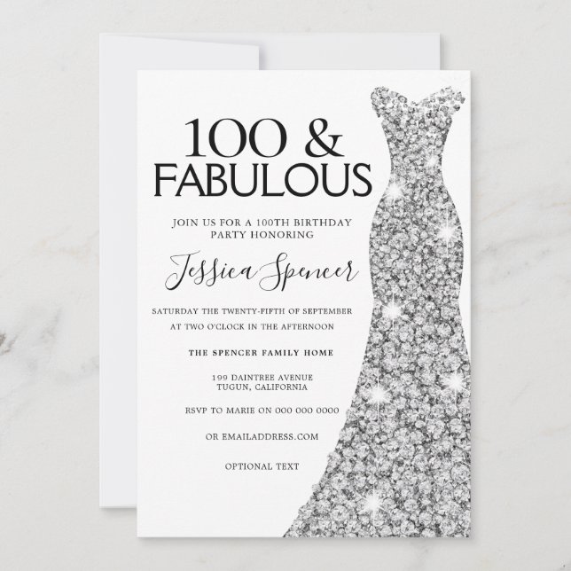 Silver Gnistra Dress 100 & Fabulous 100 Birthday Inbjudningar (Framsida)