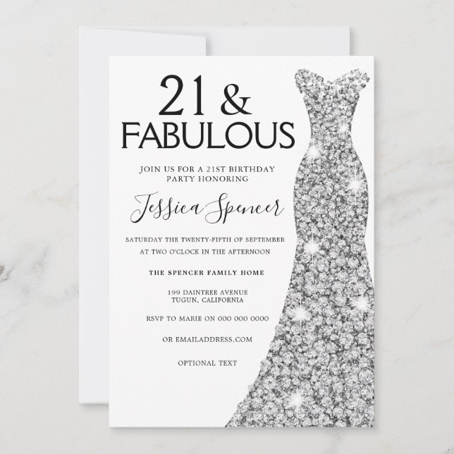 Silver Gnistra Dress 21 och Fabulous 21:a födelsed Inbjudningar (Framsida)