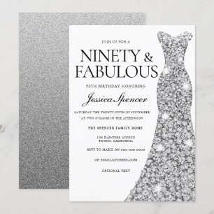 Silver Gnistra Dress 90 & Fabulous 90:e Birthday Inbjudningar