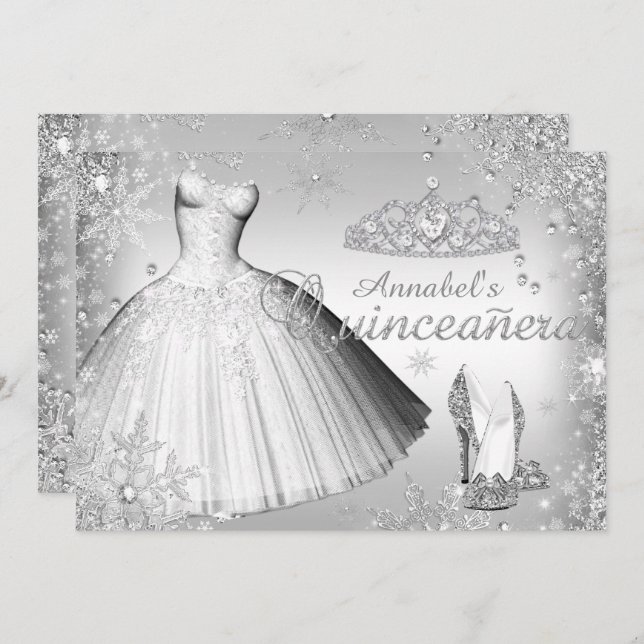 Silver Gnistra Dress & Tiara Quinceanera Inbjudan (Fram/baksida)