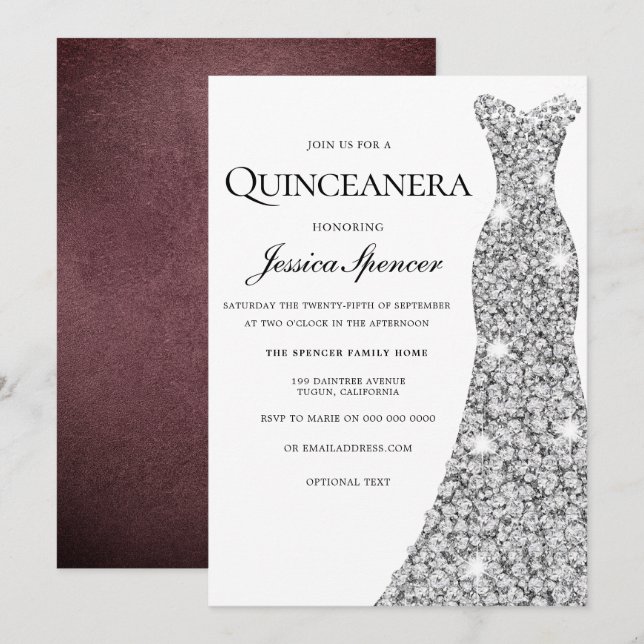 Silver Gnistra Dress Velvet Quinceanera Inbjudan (Fram/baksida)