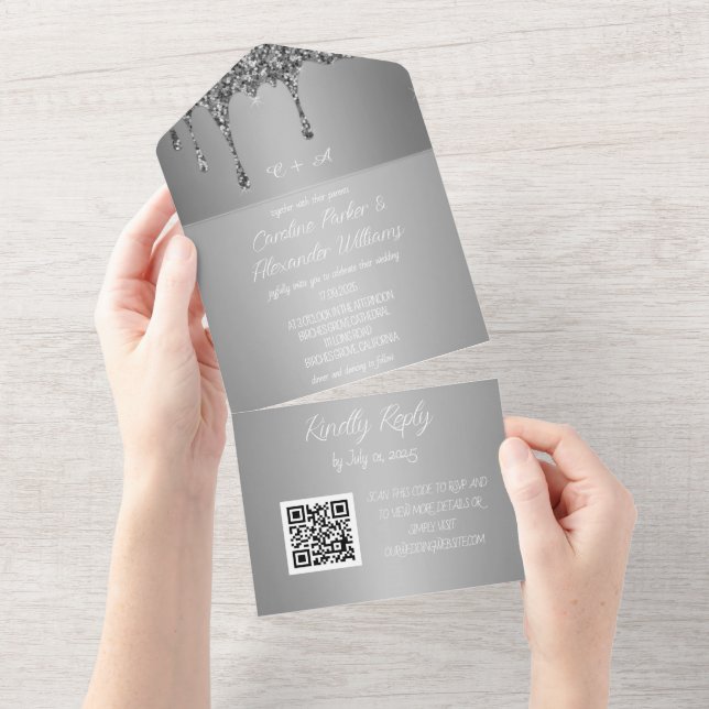 Silver Gnistra Glitter Grått-skript OSA QR-kod Al- (Avrivbar del)