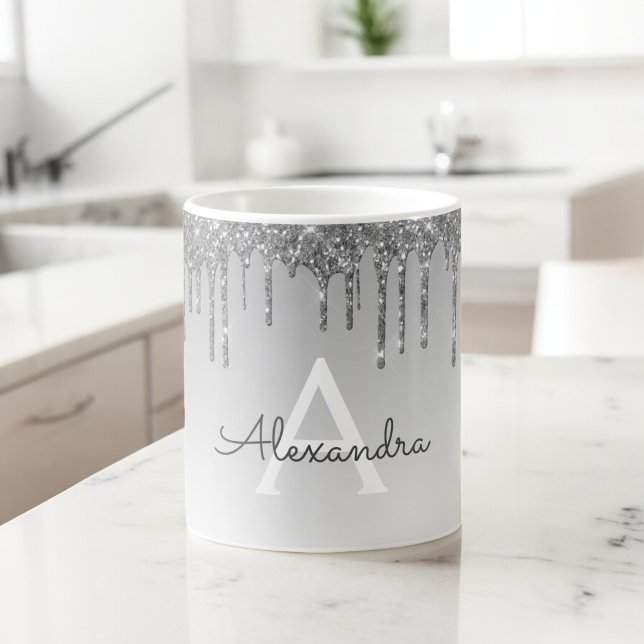Silver Gnistra Glitter lyxmunogram Namn Kaffemugg (Skapare uppladdad)