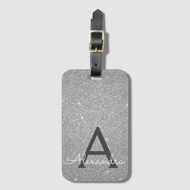 Silver Gnistra Glitter Monogram Namn Bagagebricka (Framsida vertikal)