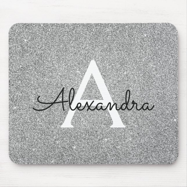 Silver Gnistra Glitter Monogram Namn Mousepad Musmatta (Framsidan)