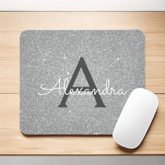 Silver Gnistra Glitter Monogram Namn Mousepad Musmatta (Skapare uppladdad)