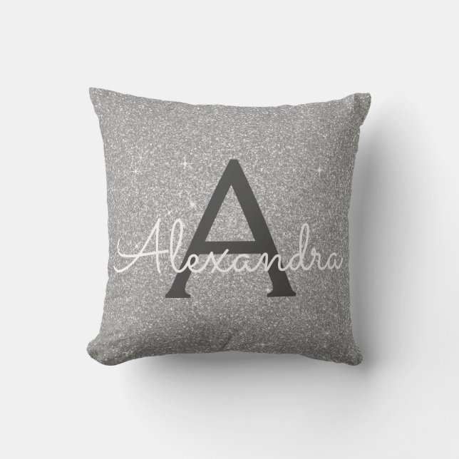 Silver Gnistra Glitter Monogram Namn och inledande Kudde (Framsida)