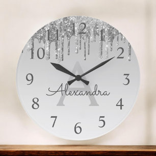 Silver Gnistra Glitter Monogram Namn och inledande Stor Klocka