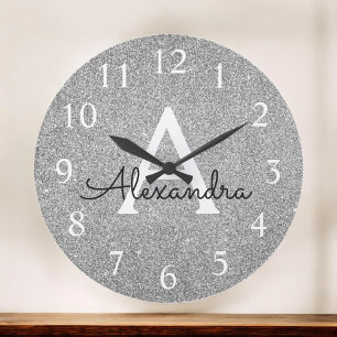 Silver Gnistra Glitter Monogram Namn och ursprungl Stor Klocka