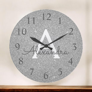 Silver Gnistra Glitter Monogram Namn och ursprungl Stor Klocka