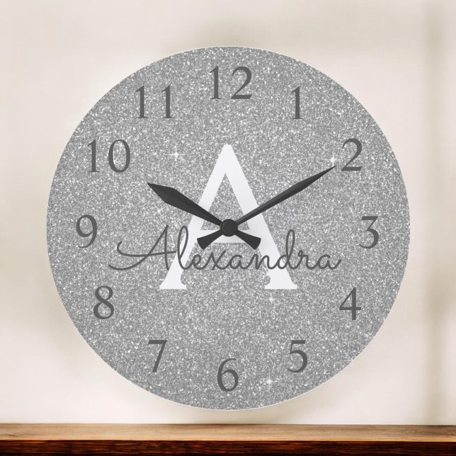 Silver Gnistra Glitter Monogram Namn och ursprungl Stor Klocka (Skapare uppladdad)